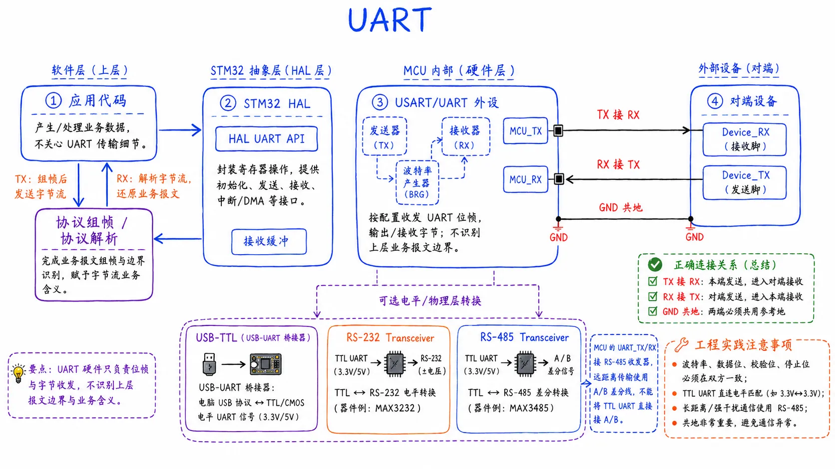 UART 通信从 MCU USART 外设经过 TX/RX/GND 连接到对端设备,可选经过 USB-TTL、RS-232 或 RS-485 收发器进行电平或物理层转换